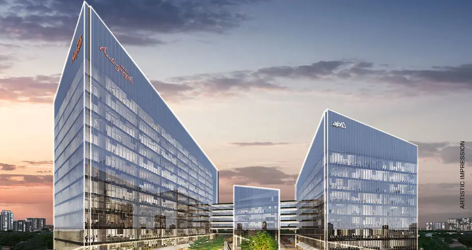 Architectural rendering of AIPL Autograph office towers with Autodesk and Alpla logos, glass facades, and cityscape backdrop