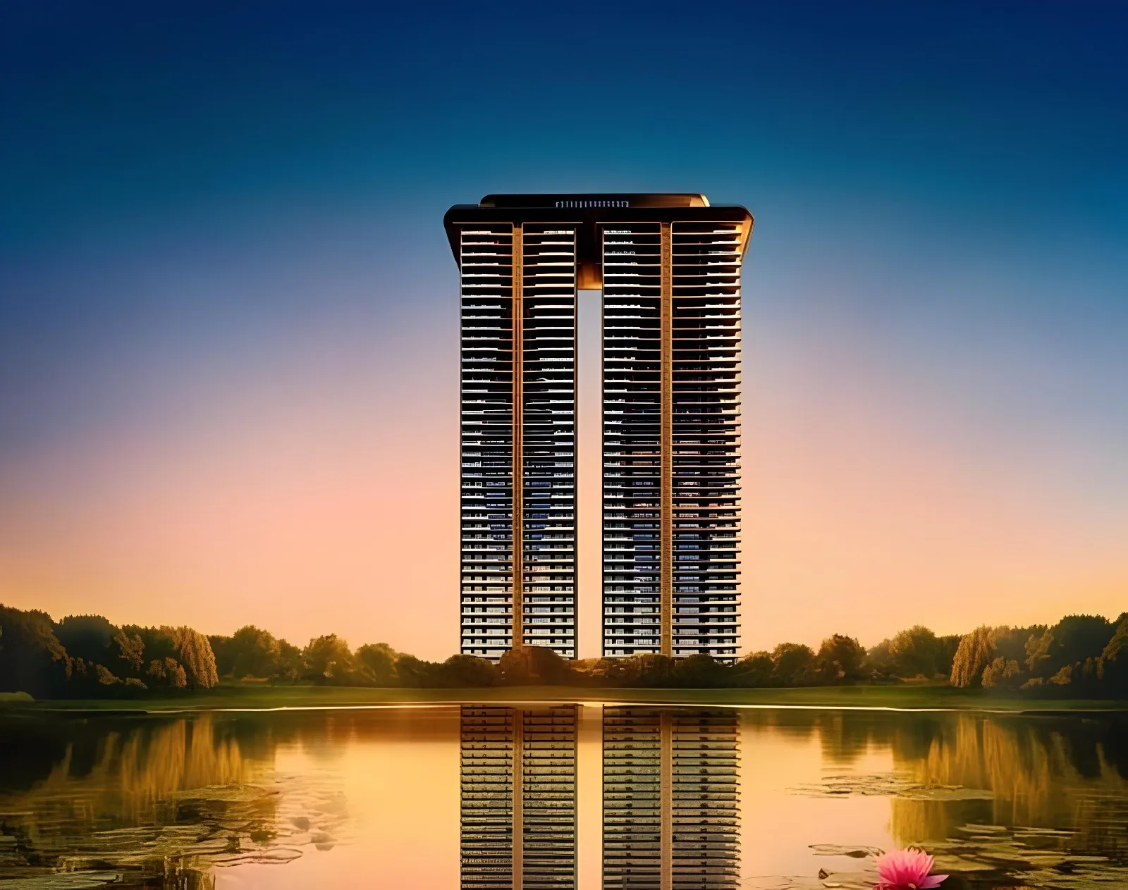 AIPL Riviera modern high-rise twin towers with futuristic design, reflective water feature, and serene landscaped surroundings in Gurugram.