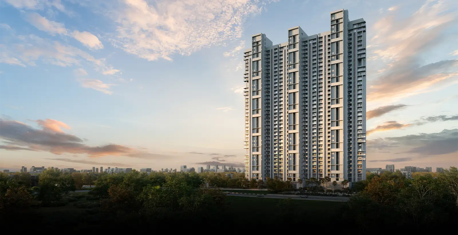 Birla Pravaah contemporary high-rise residential tower with sleek vertical design and balconies, surrounded by greenery, set against a scenic city skyline during sunset.