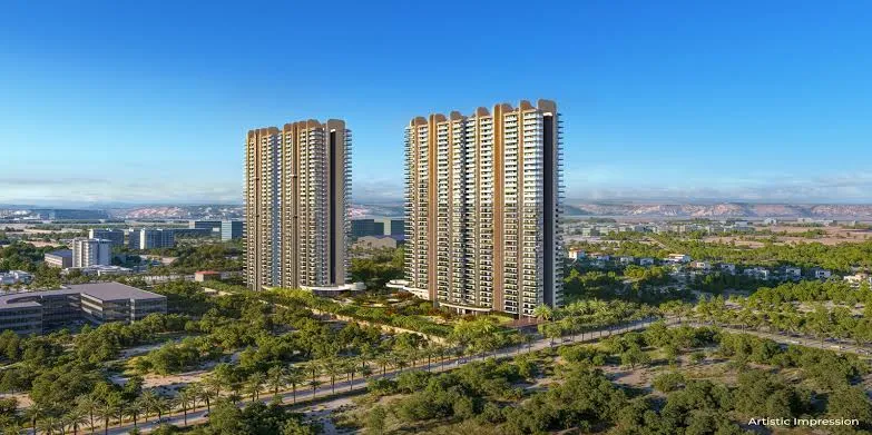 Artistic impression of Conscient Elaira twin towers surrounded by greenery, roads, and scenic urban setting.