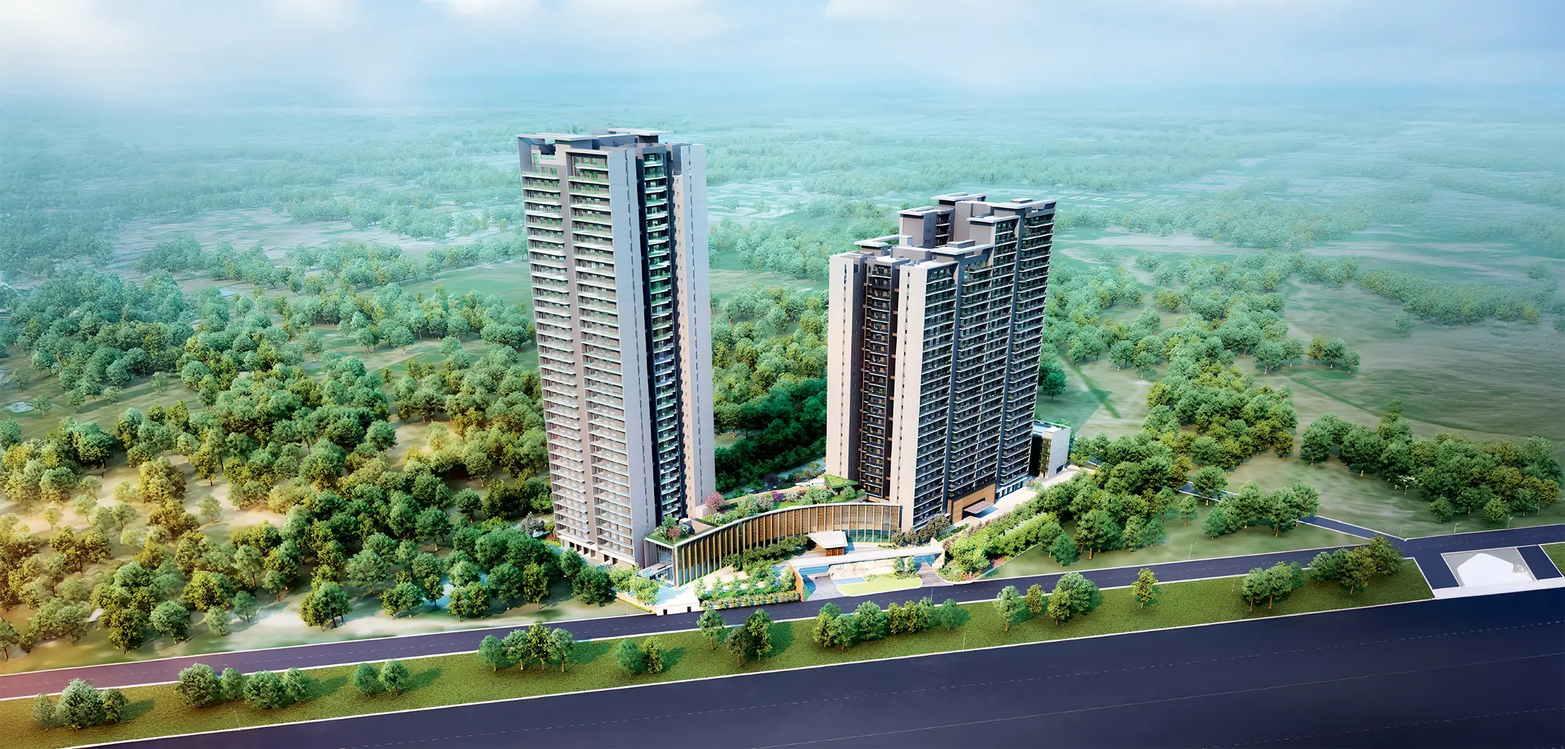 Krisumi Waterfall Residences aerial rendering showing two tall contemporary residential towers with balconies, landscaped greenery, pool, curved entrance structure, and wide road surrounded by forested area.